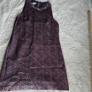 Maggy London Dress Size 14 Purple Textured Sheath Beaded Metallic Neckline Event